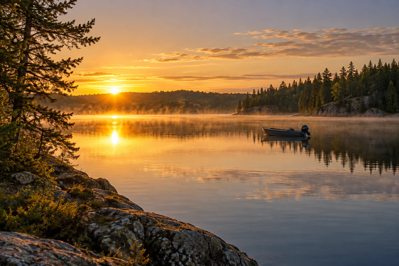 A quiet freshwater lake and small fishing boat at dawn.