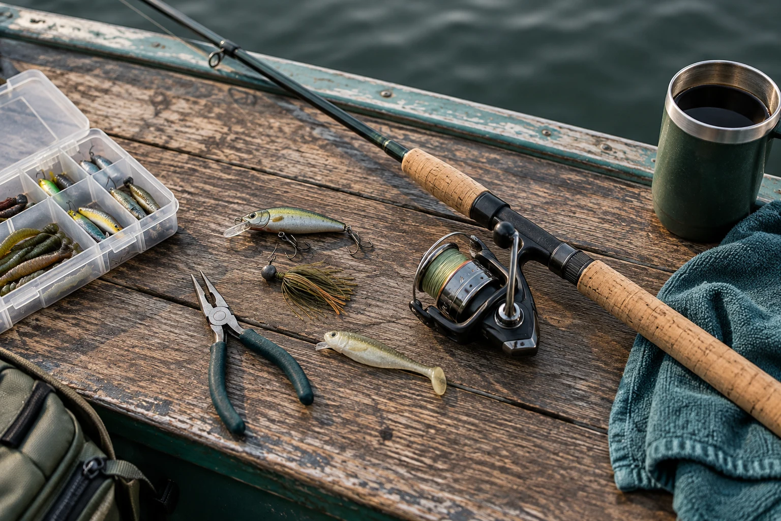 Fishing tackle and a reel arranged on a wooden boat bench.